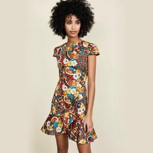 Alice + Olivia Kirby Ruffled Stretch Cotton Dress Floral Sz 8 Fit & Flare EUC